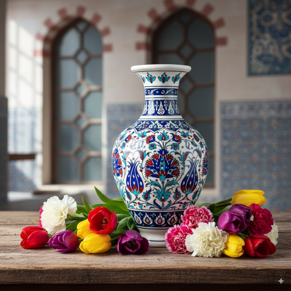 Authentic Iznik ceramic vase decorated with turquoise and red Ottoman motifs
