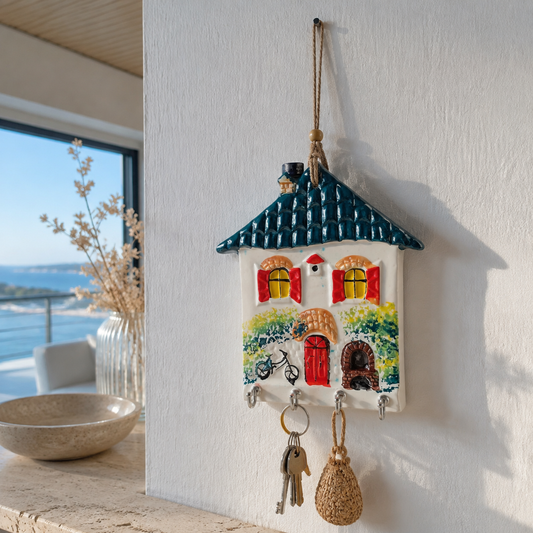 Teal roof ceramic house wall key holder in a Mediterranean summer home