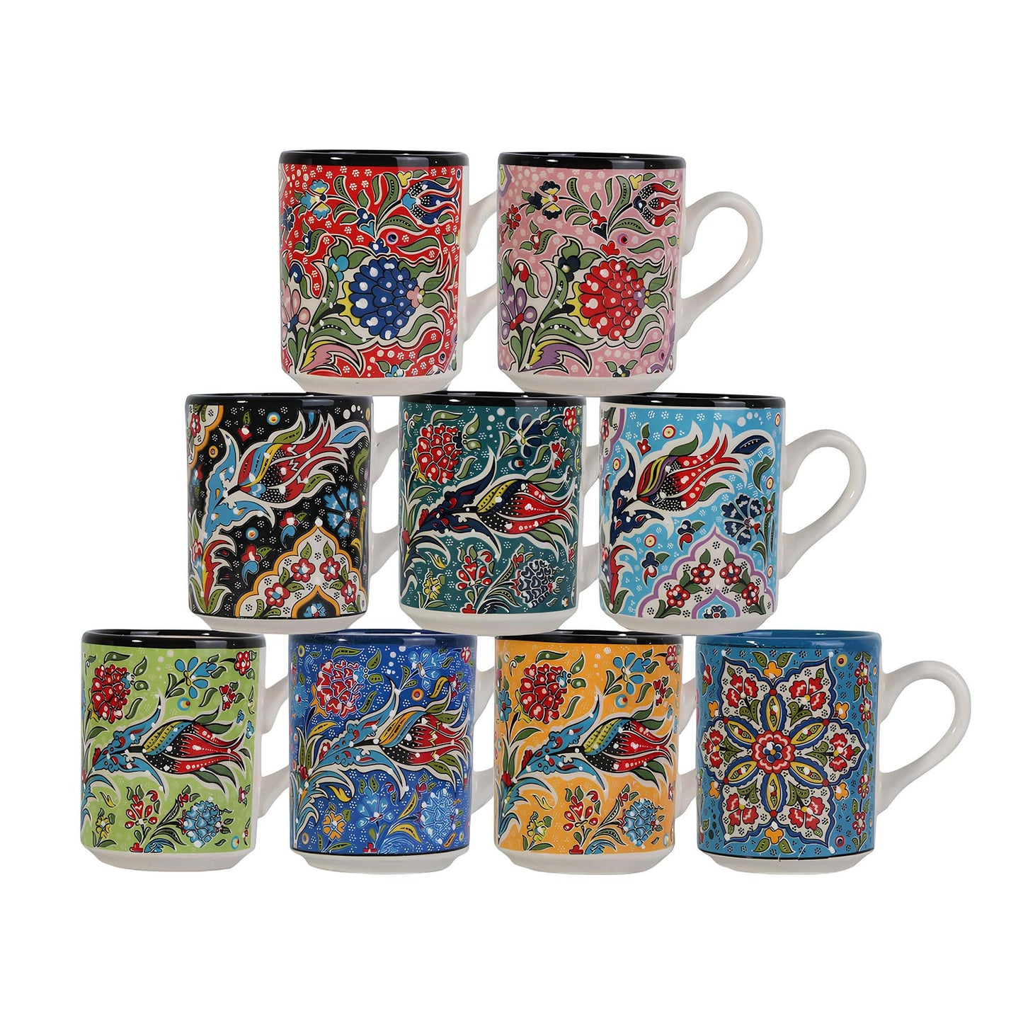 Set of colorful mugs with floral and abstract designs on a white background
