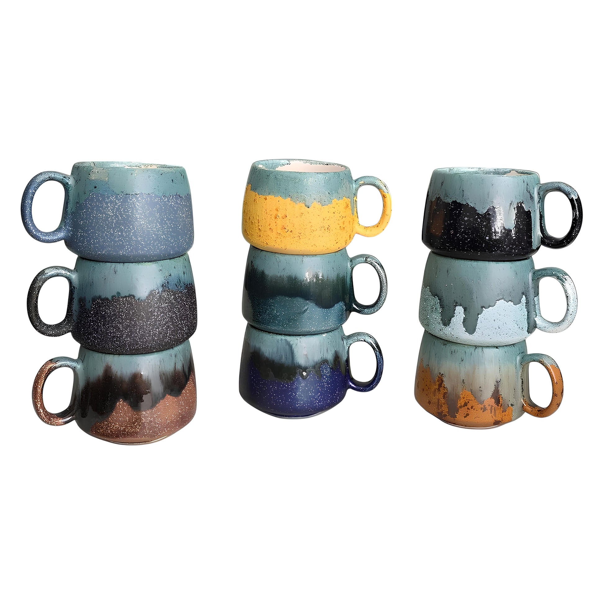 Set of four ceramic mugs with gradient colors on a white background
