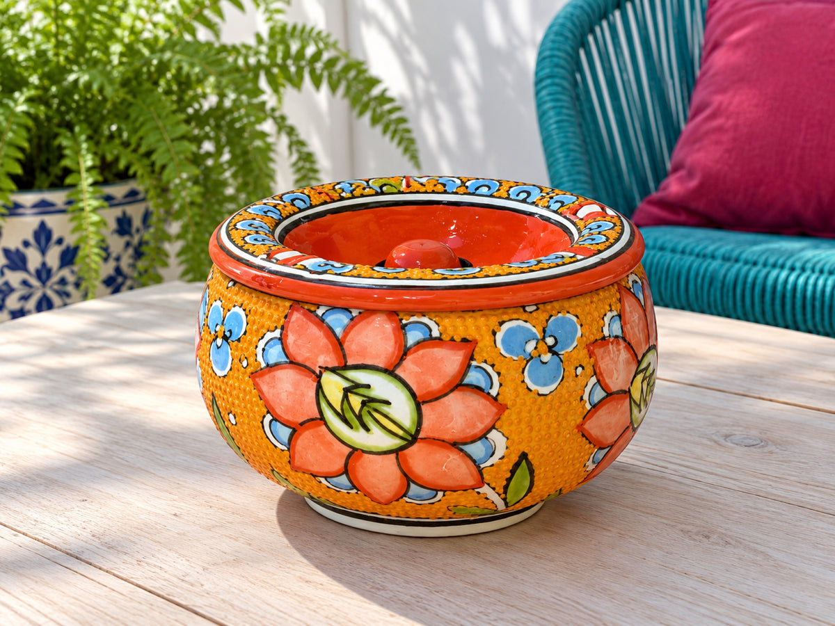Orange Coral Floral hand painted ceramic ashtray with lid – view 6
