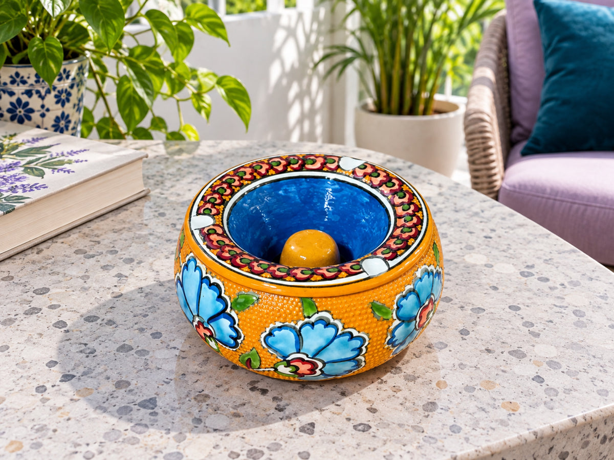 Orange Blue Blossom hand painted ceramic ashtray with lid – view 6