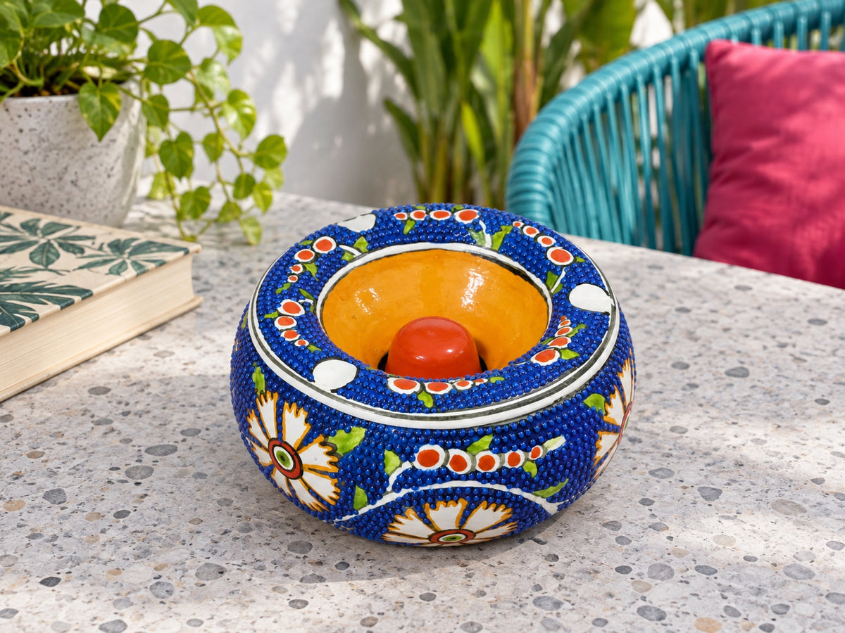 Cobalt White Floral hand painted ceramic ashtray with lid – view 6