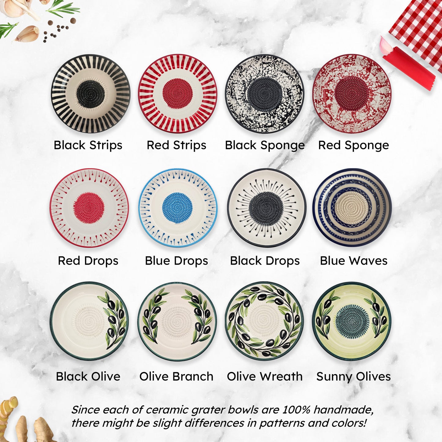 Collection of ceramic grater bowls with various patterns on a marble surface.
