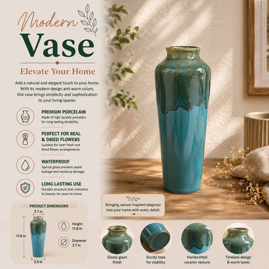 Teal vase on a wooden surface with product details and benefits listed.
