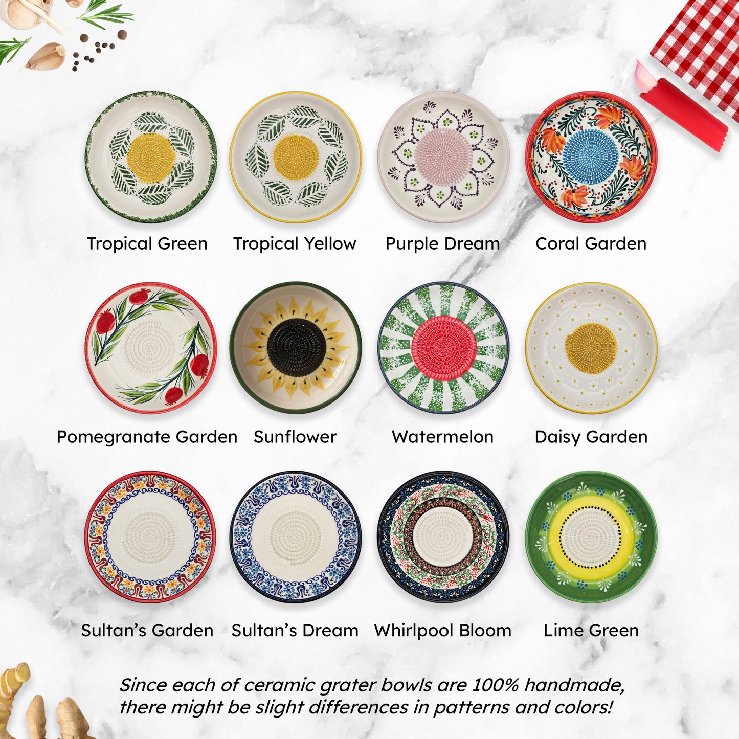 Collection of ceramic grater bowls with various patterns and colors on a marble surface.