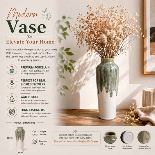 Modern vase with dried flowers on a wooden surface, featuring product details and benefits.