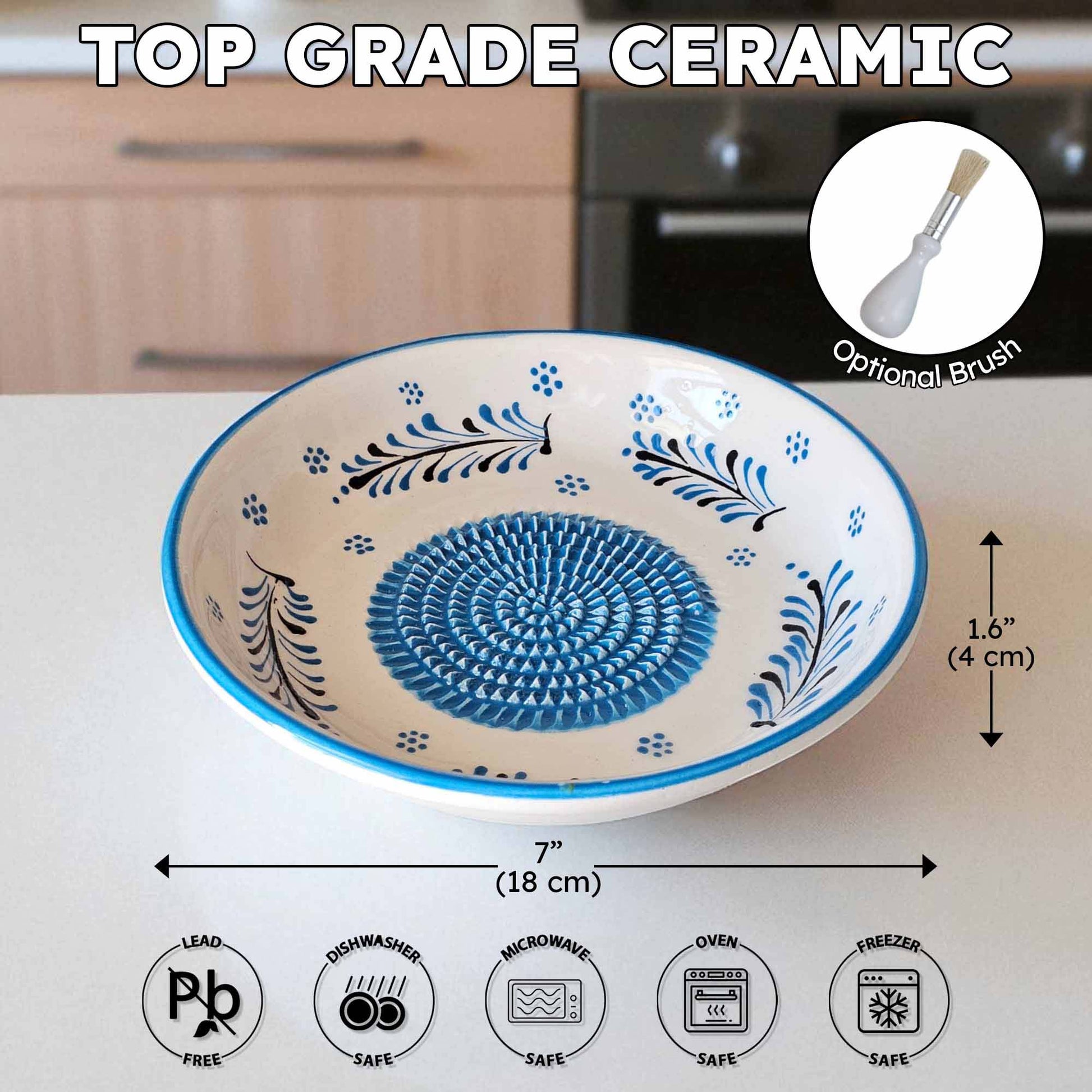 Ceramic garlic grater bowl with blue floral patterns on a kitchen counter, featuring dimensions and safety icons.