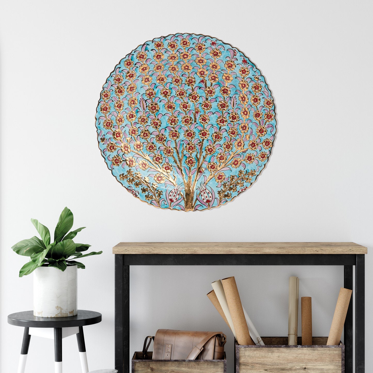 Ceramic Decorative Plate, Floral Canopy Decorative Plate, Decorative Golden Plate