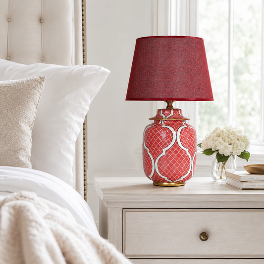 Coral Red Ceramic Ginger Jar Table Lamp with Gold Trim