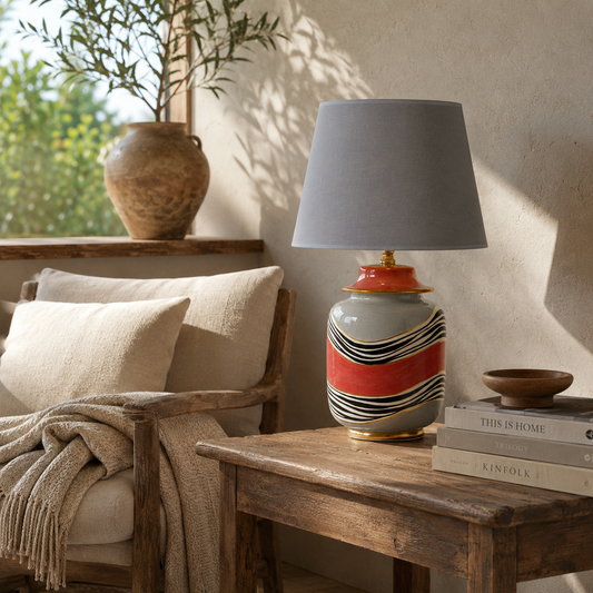 Grey & Coral Ceramic Table Lamp with Wave Stripes & Gold Trim