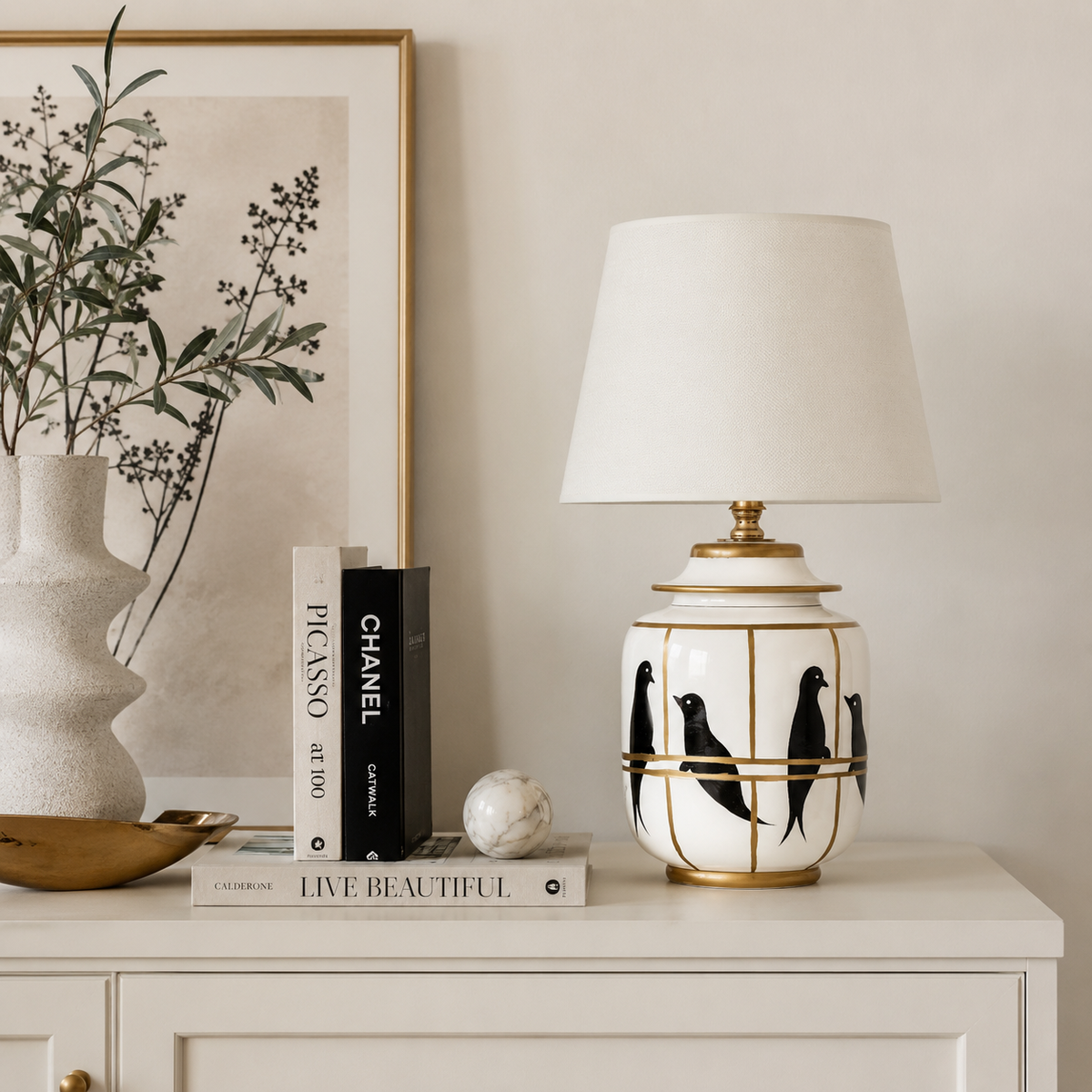 White Ceramic Bird Table Lamp with Gold Trim, Ginger Jar Bedside Lamp