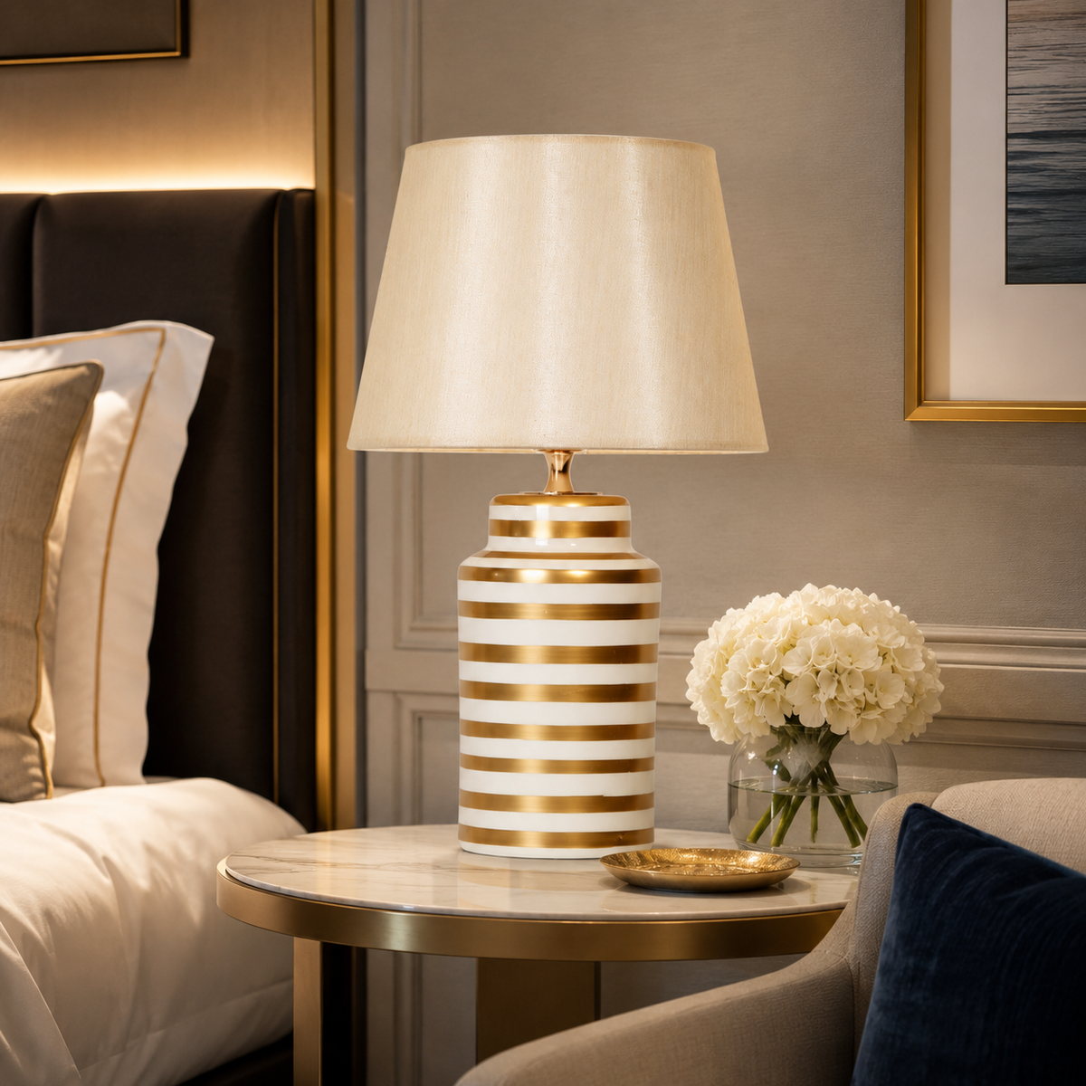 White & Gold Striped Ceramic Table Lamp, Ivory Shade Bedside Lamp
