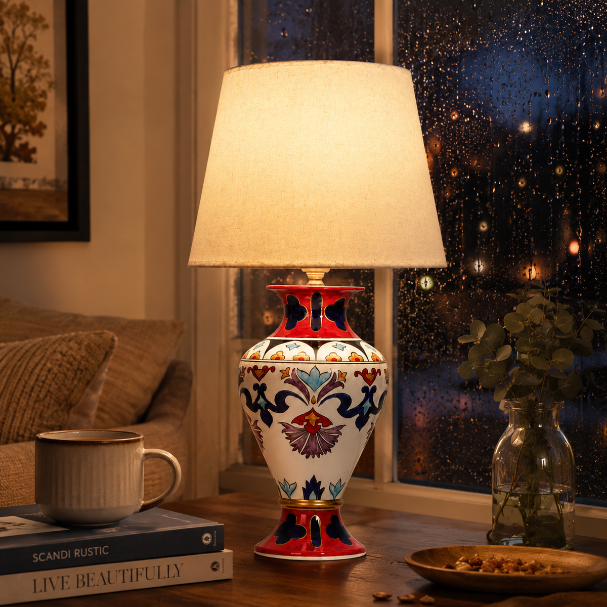 Folk Art Ceramic Table Lamp, Red & Blue Hand-Painted Urn Lamp