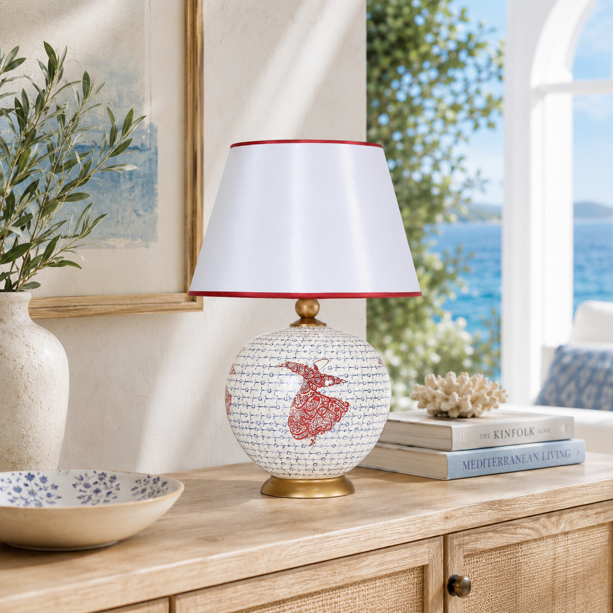White & Red Round Ceramic Table Lamp, Hand-Painted Large Globe Lamp