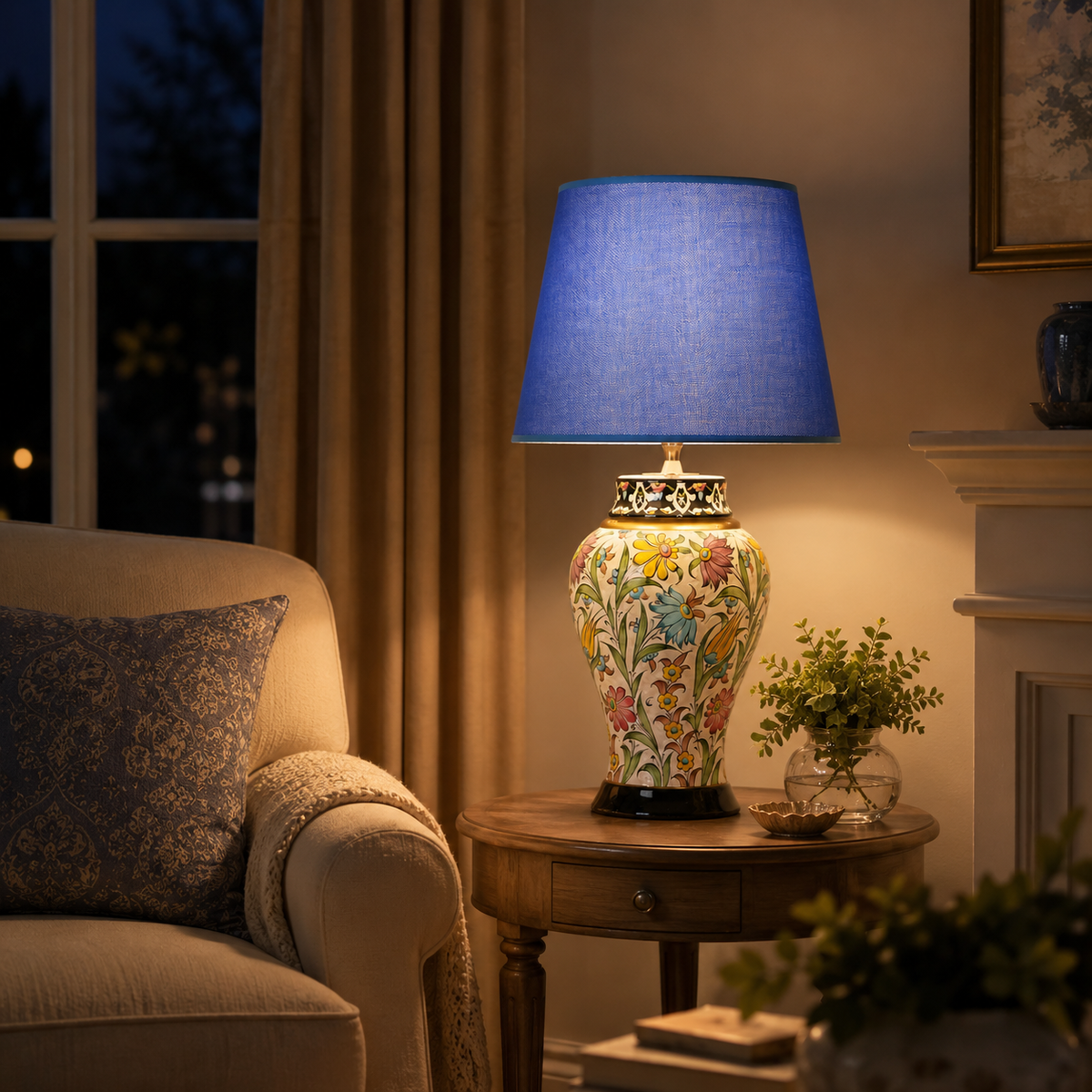 Floral Ceramic Table Lamp with Blue Shade, Hand-Painted Ginger Jar Lamp