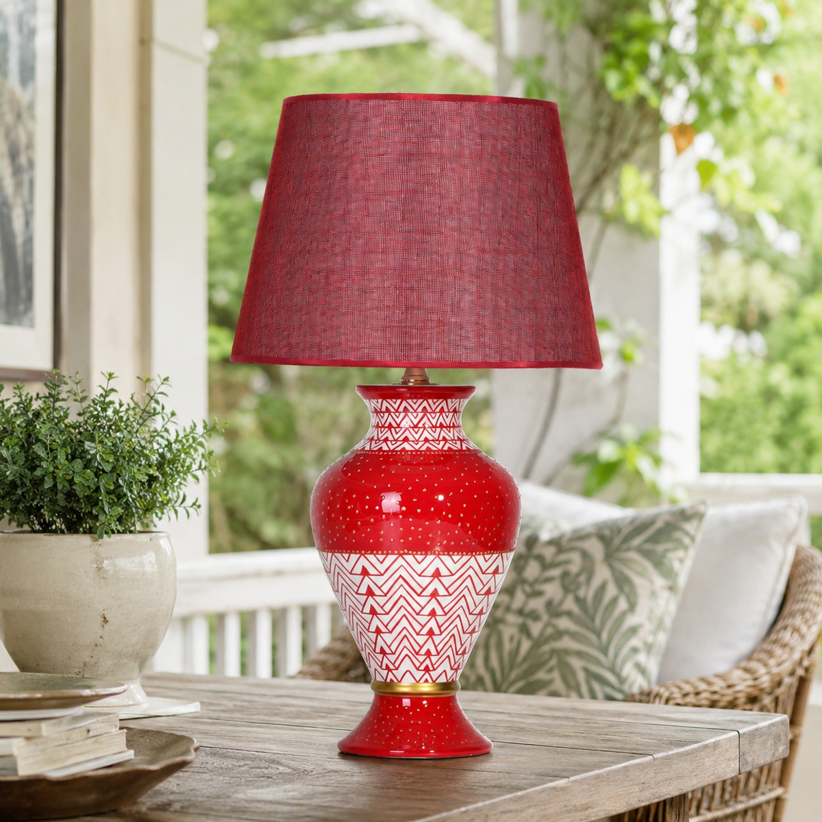 Red Ceramic Table Lamp with Chevron Pattern, Hand-Painted Urn Lamp