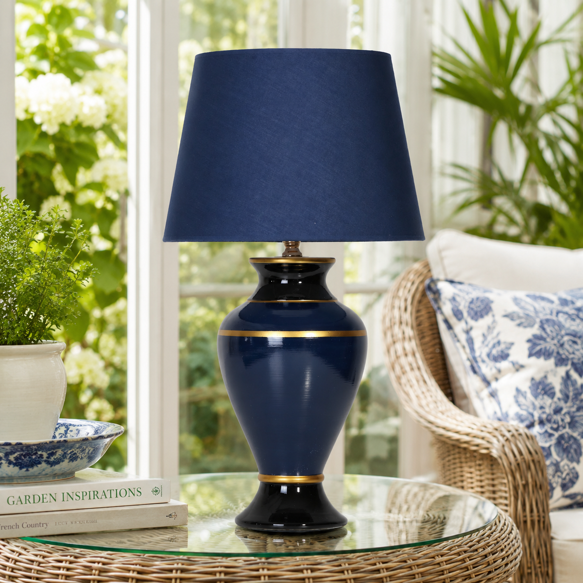 Navy Blue Ceramic Table Lamp with Gold Trim, Glossy Urn Bedside Lamp