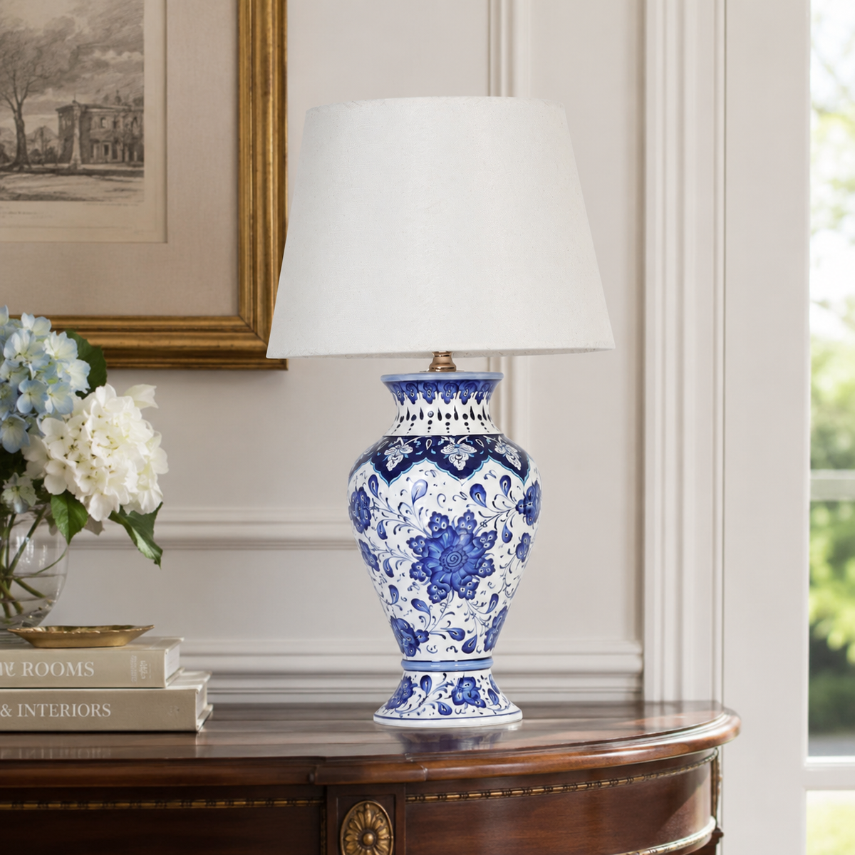 Blue & White Floral Urn Table Lamp, Hand-Painted Ceramic Lamp