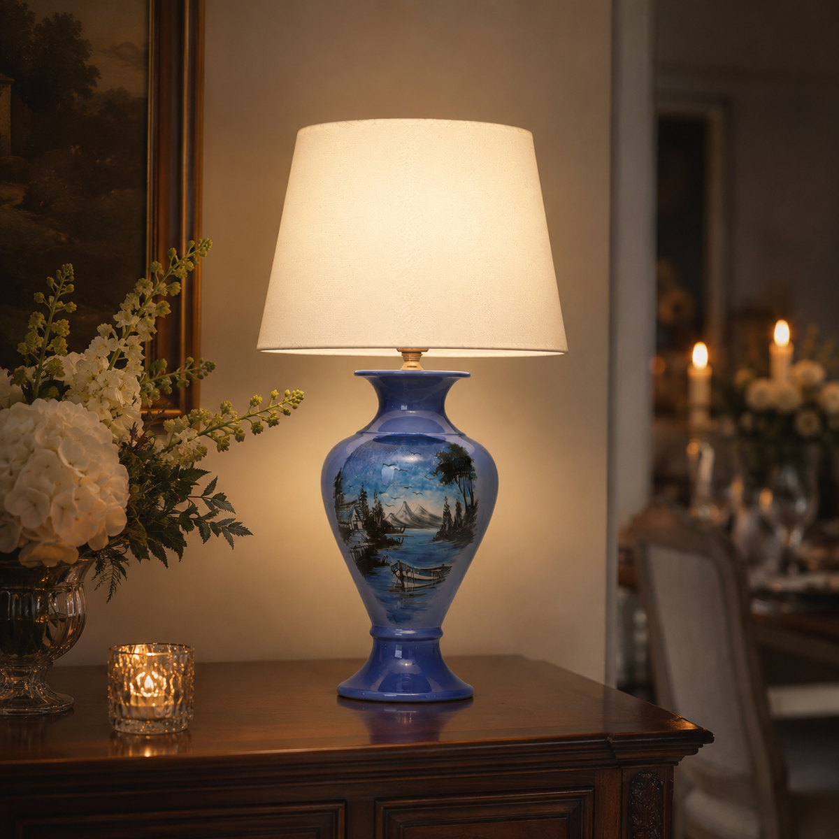 Blue Landscape Ceramic Table Lamp, Hand-Painted Lake Scene Urn Lamp