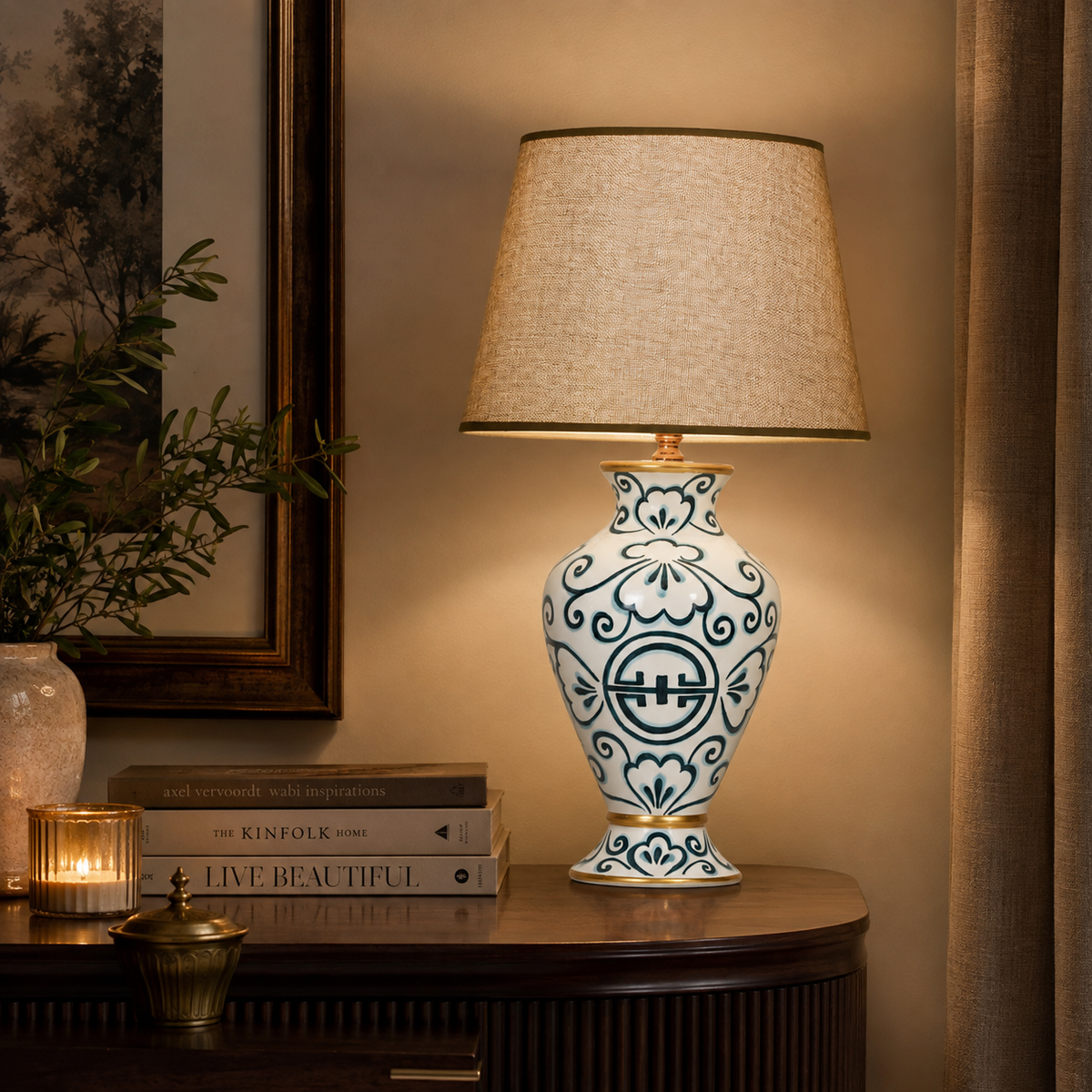 Teal & White Ceramic Table Lamp with Grey Shade, Hand-Painted Urn Lamp