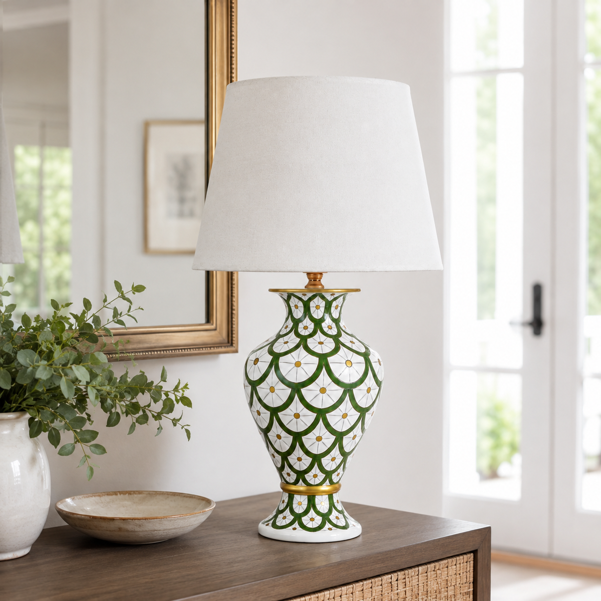 Green & White Scale Pattern Ceramic Table Lamp, Hand-Painted Urn Lamp