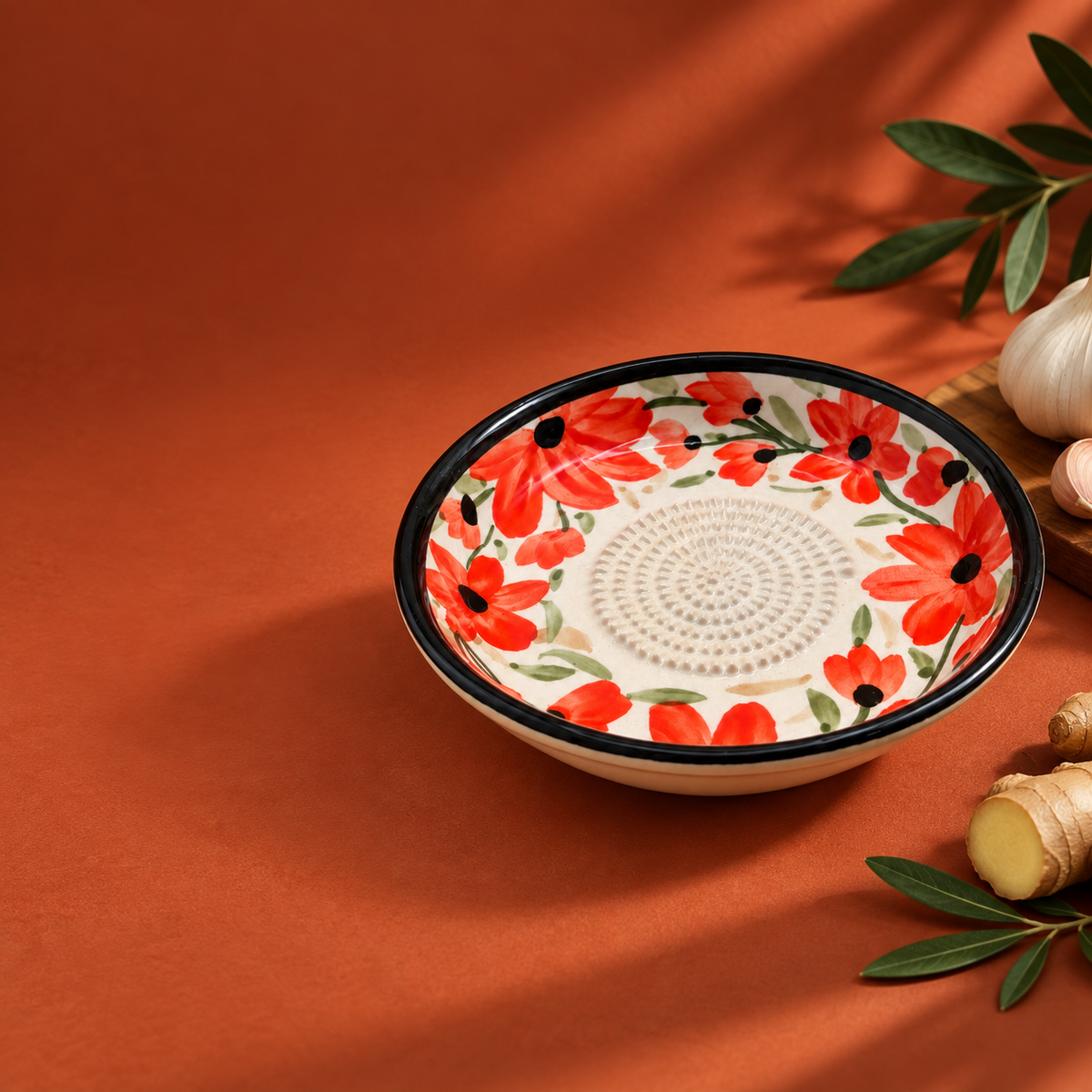 Ceramic Garlic Grater Plate, 7" Handmade & Hand-Painted for Garlic and Ginger