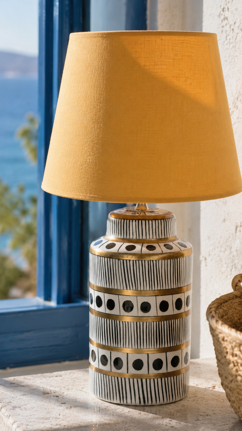 Black & White Ceramic Table Lamp with Gold Bands & Dots