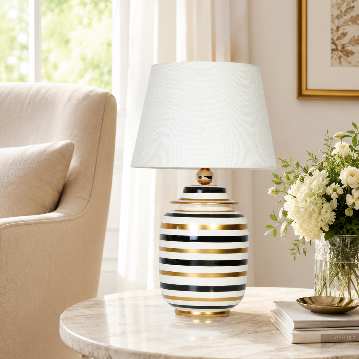 Black, White & Gold Striped Ceramic Ginger Jar Table Lamp