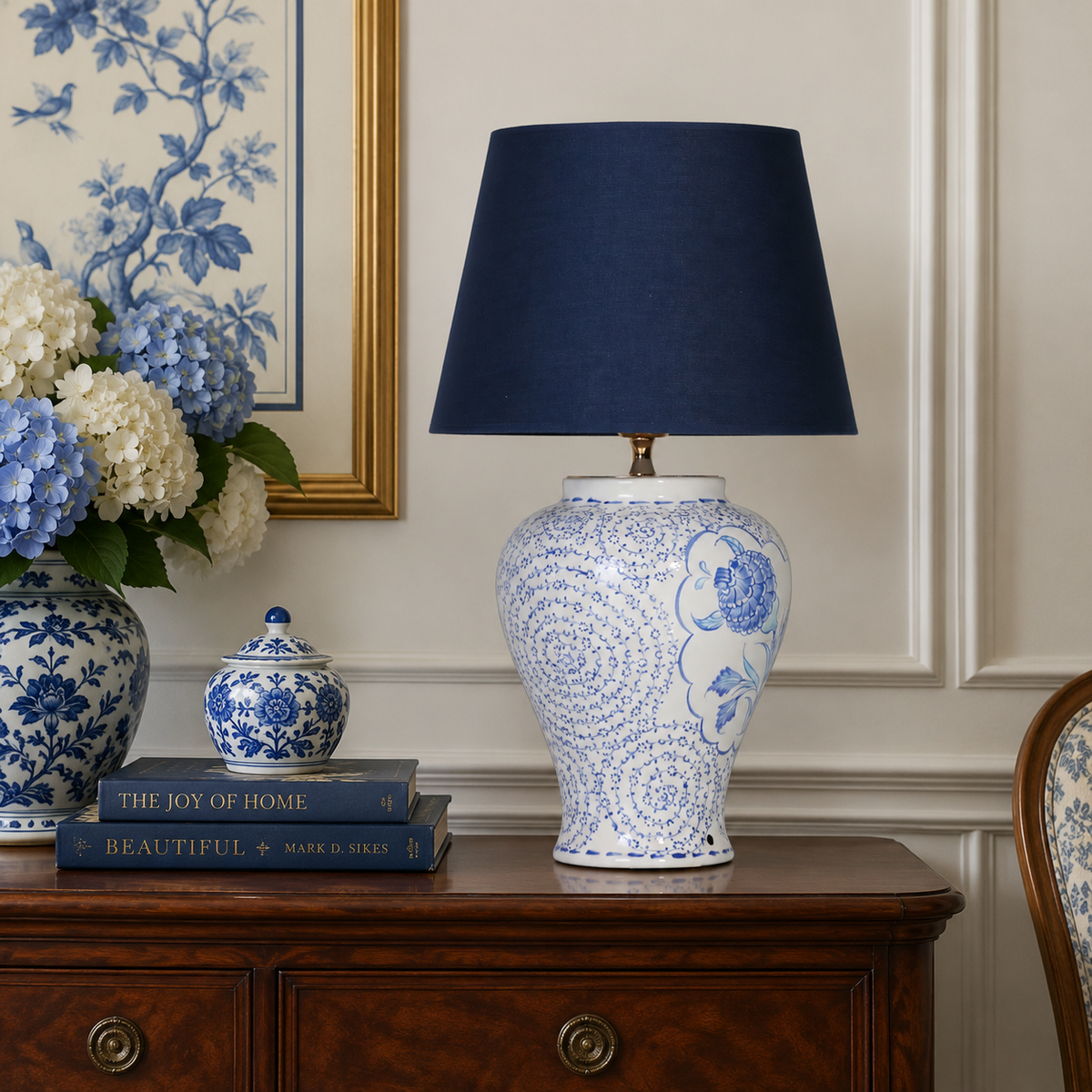 Blue & White Floral Ceramic Table Lamp, Chinoiserie Ginger Jar Lamp