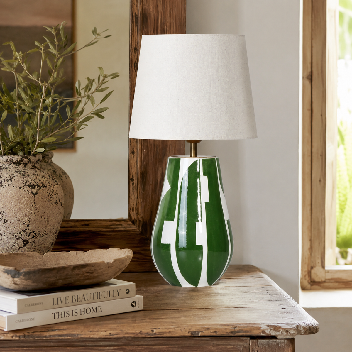 Green & White Ceramic Table Lamp, Modern Abstract Bedside Lamp