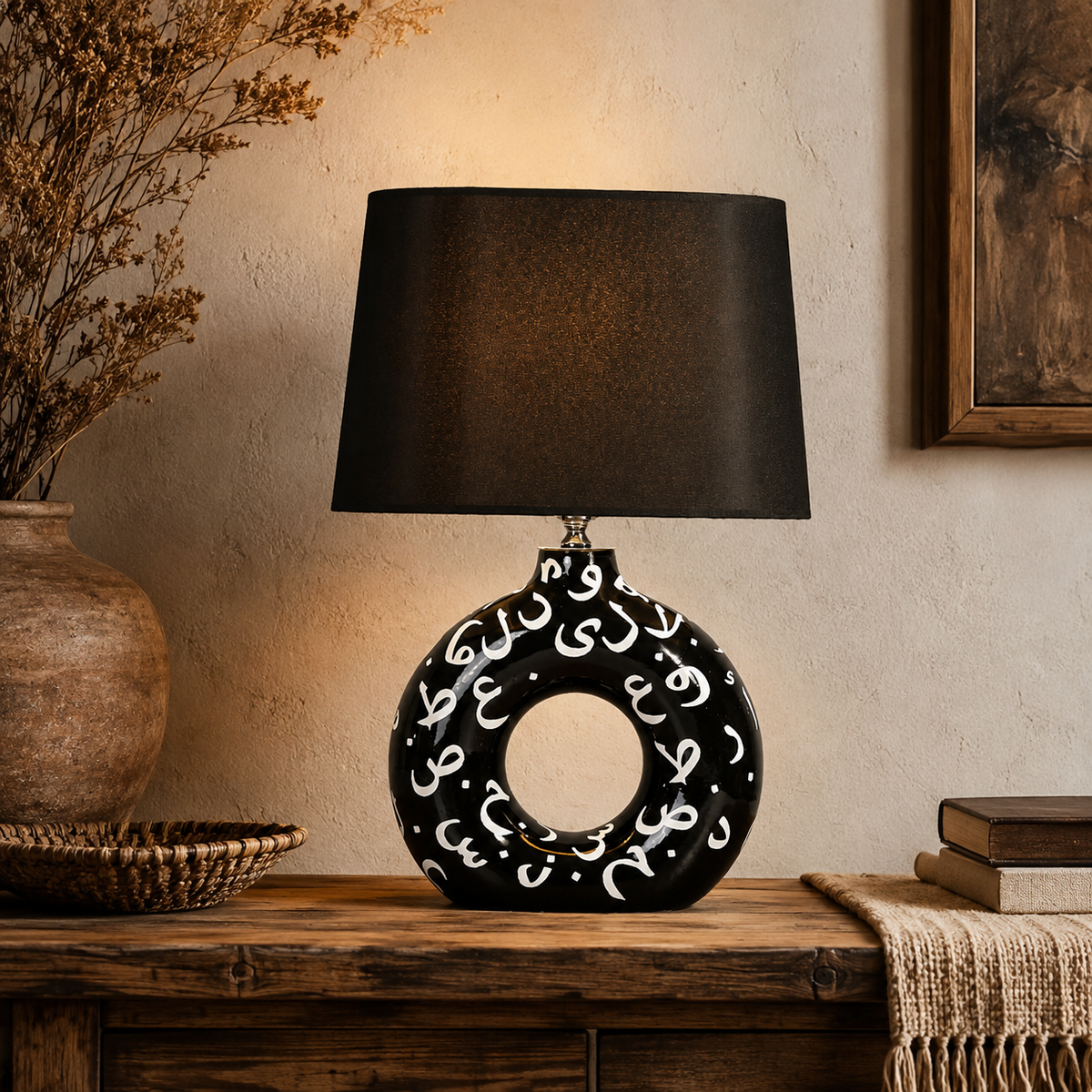 Black Round Ceramic Table Lamp, White Pattern Hand-Painted Donut Lamp