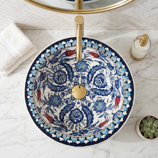 Crimson Tulip Garden Ceramic Vessel Sink, Handpainted Bathroom Basin