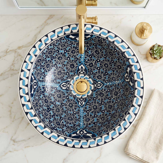 Midnight Mosaic Ceramic Vessel Sink, Handpainted Bathroom Basin