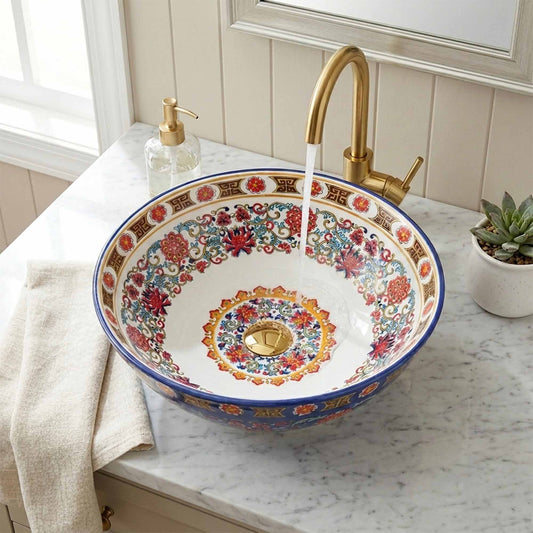Imperial Sapphire Floral Ceramic Vessel Sink, Handpainted Turkish Bathroom Basin