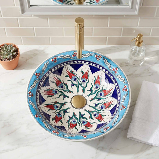 Sky Blossom Tulip Ceramic Vessel Sink, Handpainted Bathroom Basin