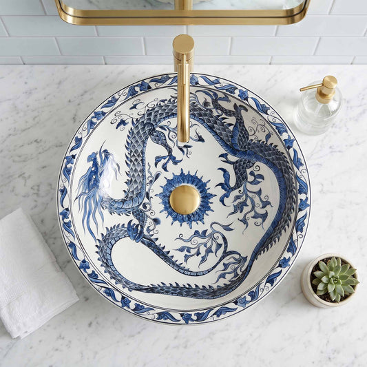 Azure Imperial Dragon Ceramic Vessel Sink, Handpainted Bathroom Basin