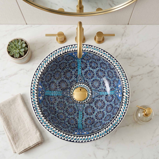 Decorative blue and gold sink with a marble countertop