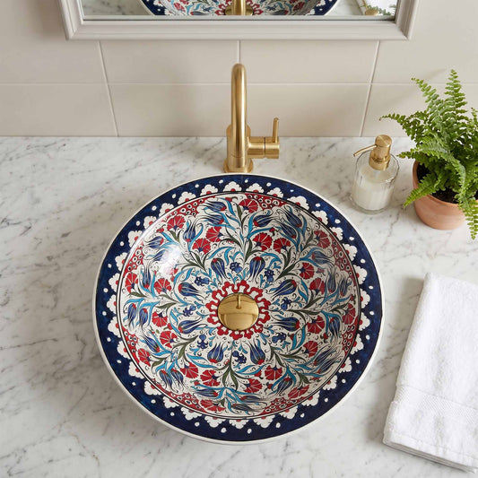 Tulip Garden Ceramic Vessel Sink, Handpainted Bathroom Basin
