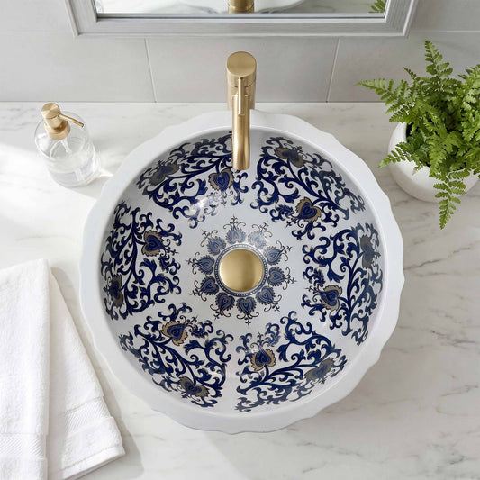 Royal Arabesque Ceramic Vessel Sink, Handpainted Bathroom Basin