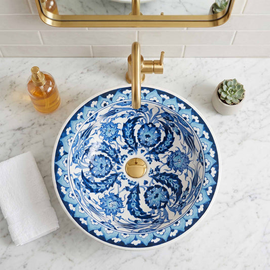 Moonlit Garden Ceramic Vessel Sink, Handpainted Bathroom Basin