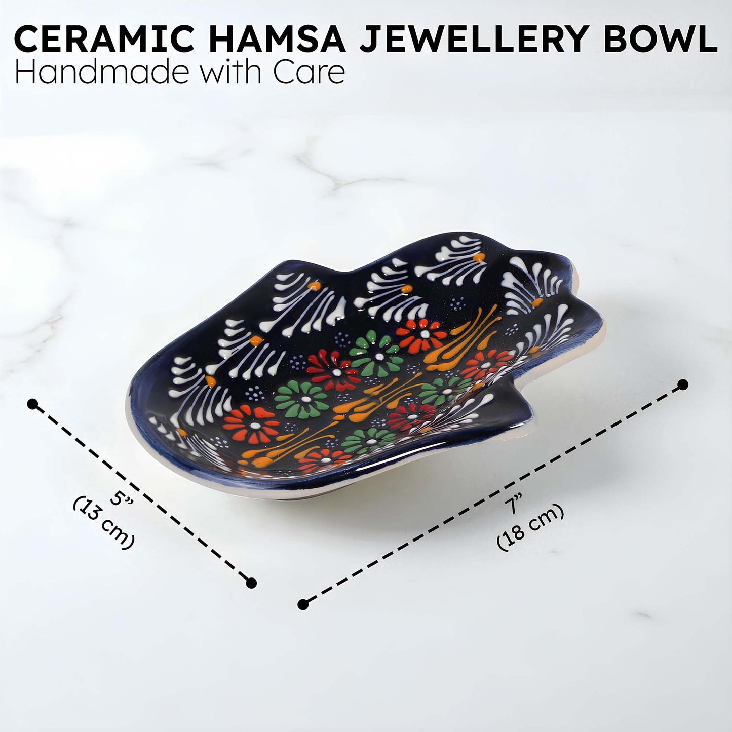 Ceramic Hamsa jewellery bowl with floral patterns and measurements on a white background
