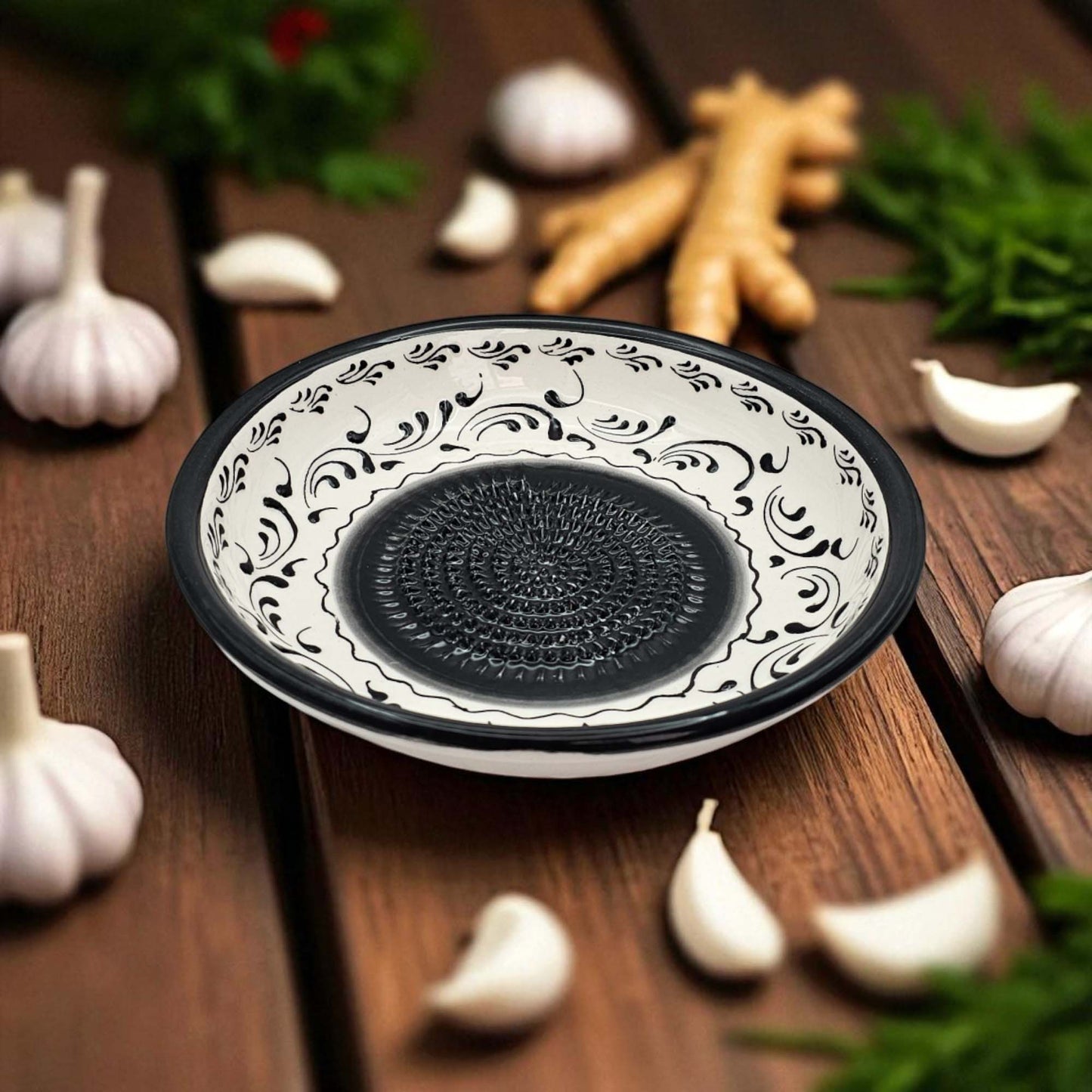 Handmade ceramic garlic grater bowl in Monochrom Swirl design. Large 7” size, perfect for garlic, ginger & spices. Minimalist artisan style, dishwasher safe.