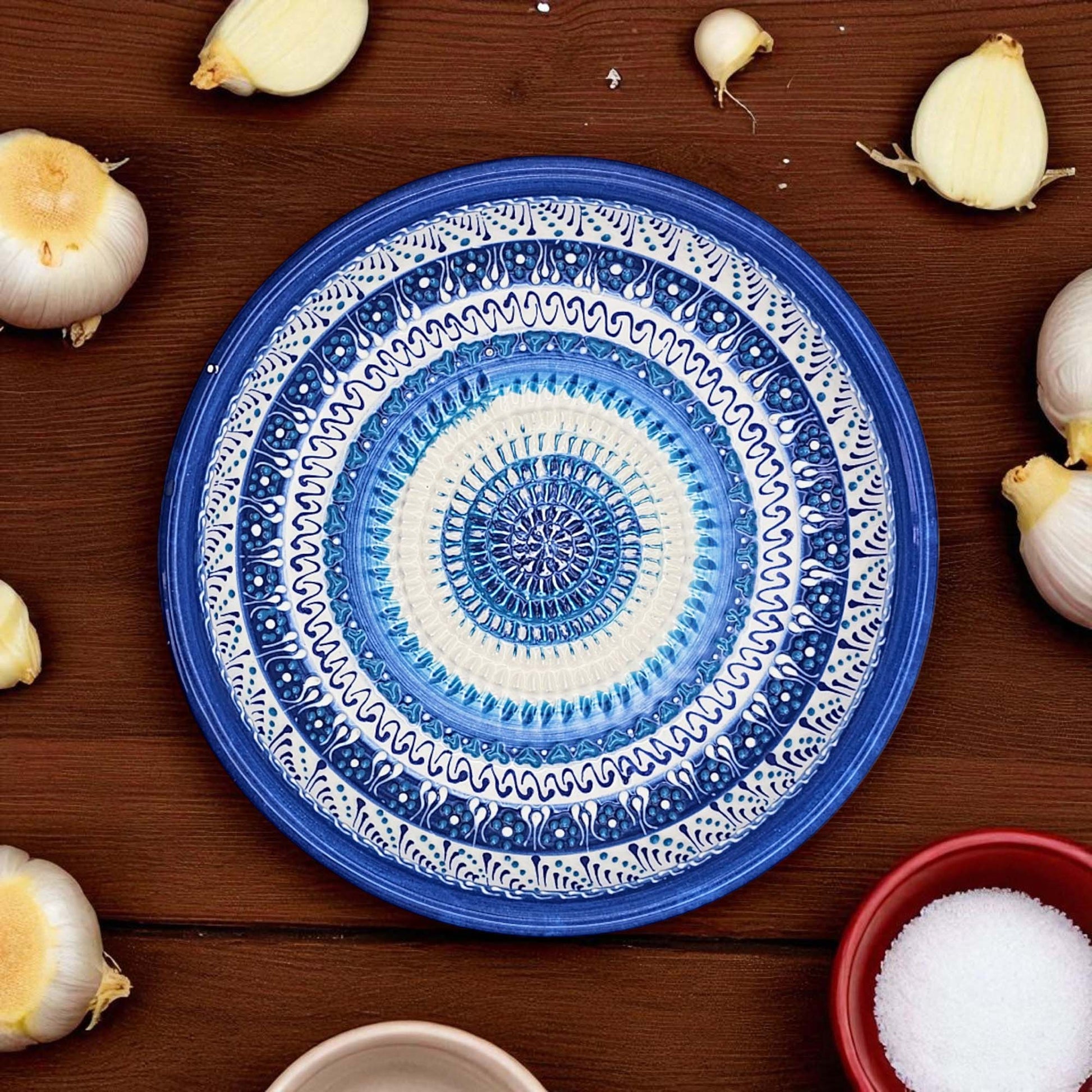 Handmade ceramic garlic grater bowl in Sapphire Dream design. Large 7” size, perfect for garlic, ginger & spices. Mediterranean blue artistry, dishwasher safe.