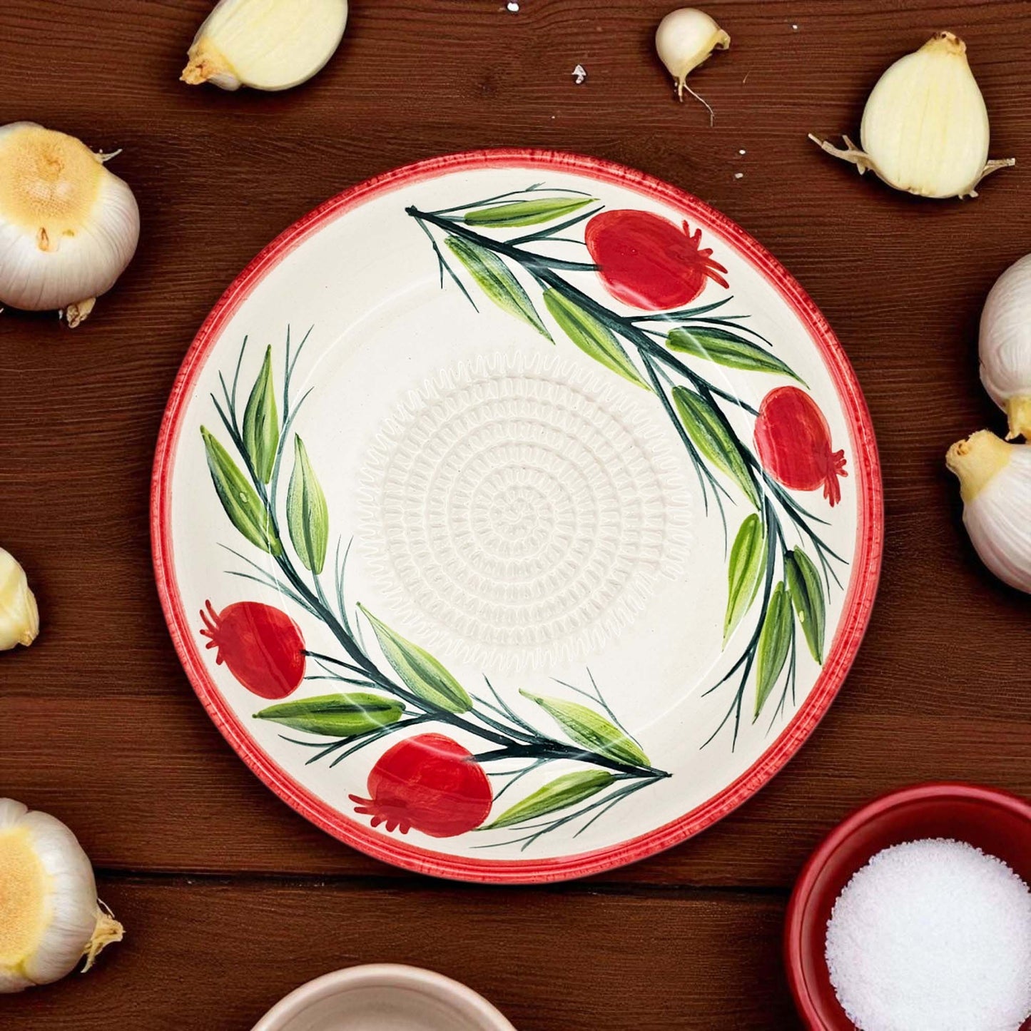 Handmade ceramic garlic grater bowl in Pomegranate Garden design. Large 7” size, perfect for garlic, ginger & spices. Mediterranean artistry, dishwasher safe.