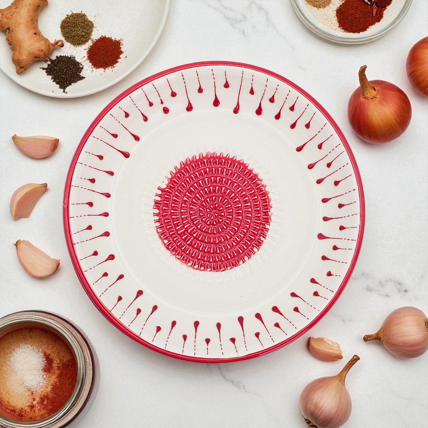 Garlic Grater Bowl, Red Drops Grater Plate, 7" Ceramic Garlic Grinder, Decorative Grater Bowl
