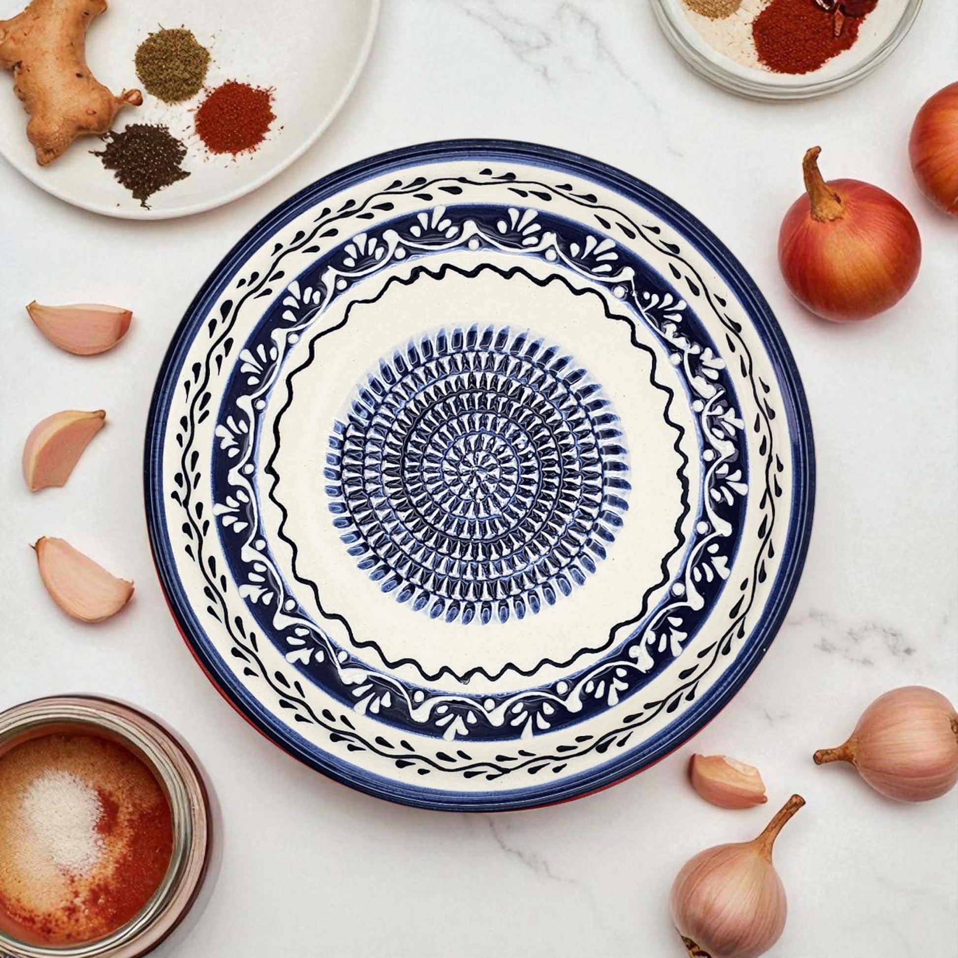 Handmade ceramic garlic grater bowl in Marine Vines design. Large 7” size, perfect for garlic, ginger & spices. Elegant artisan style, dishwasher safe.