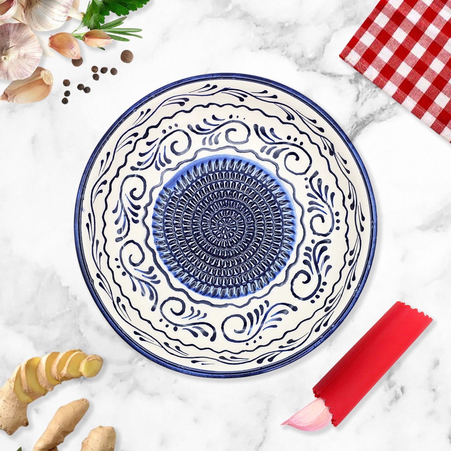 Garlic Grater Bowl, Navy Wave Grater Plate, 7" Ceramic Garlic Grinder, Decorative Grater Bowl