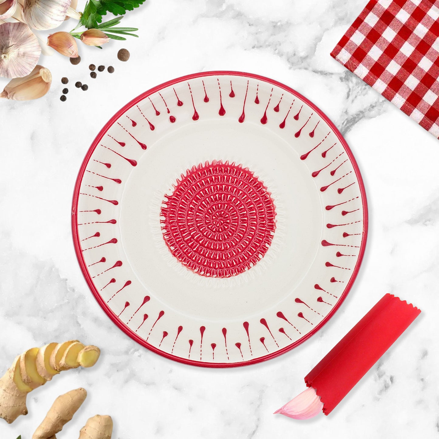 Garlic Grater Bowl, Red Drops Grater Plate, 7" Ceramic Garlic Grinder, Decorative Grater Bowl