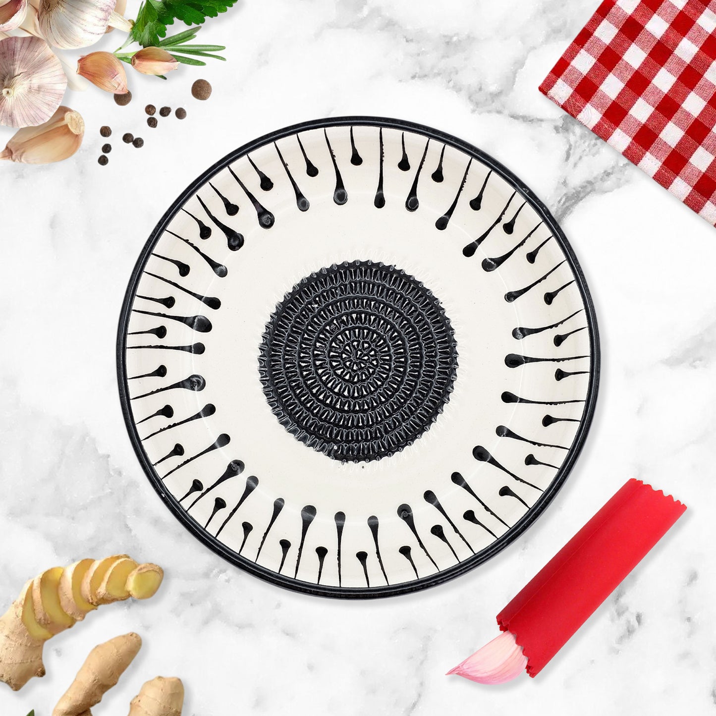 Garlic Grater Bowl, Black Drops Grater Plate, 7" Ceramic Garlic Grinder, Decorative Grater Bowl